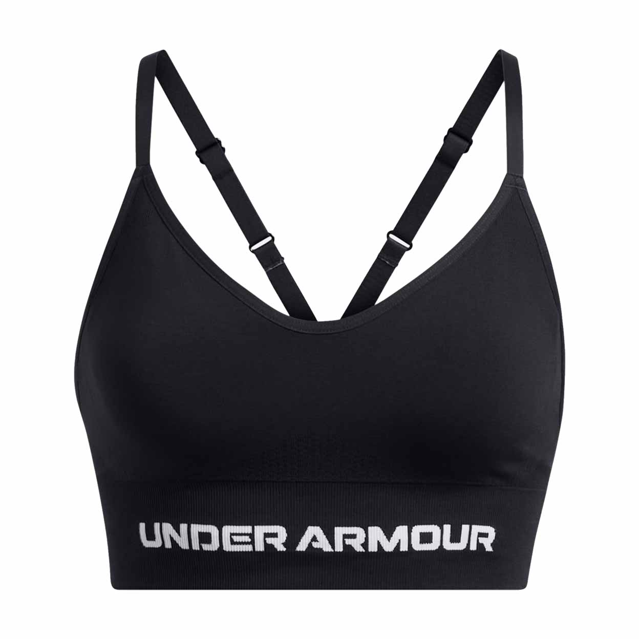 Black sports bra with Under Armour logo on a white background