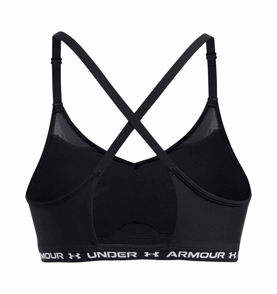 Black sports bra with criss-cross straps on a white background, featuring Under Armour branding.