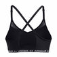 Black sports bra with criss-cross straps on a white background, featuring Under Armour branding.