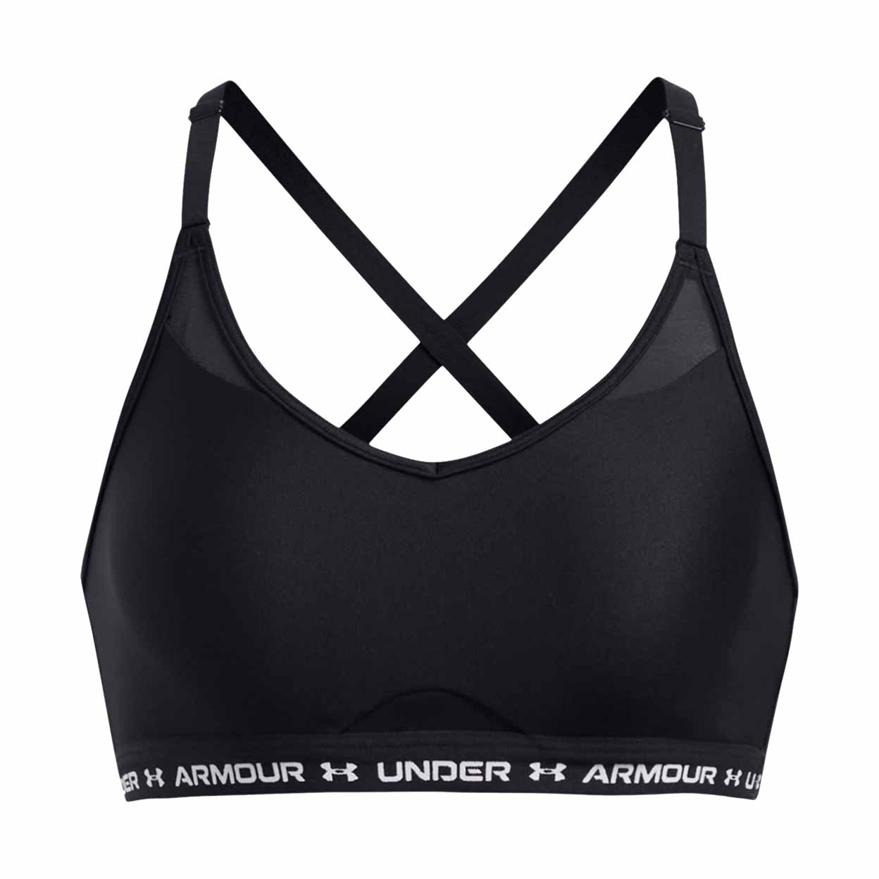 Black sports bra with Under Armour branding on a white background