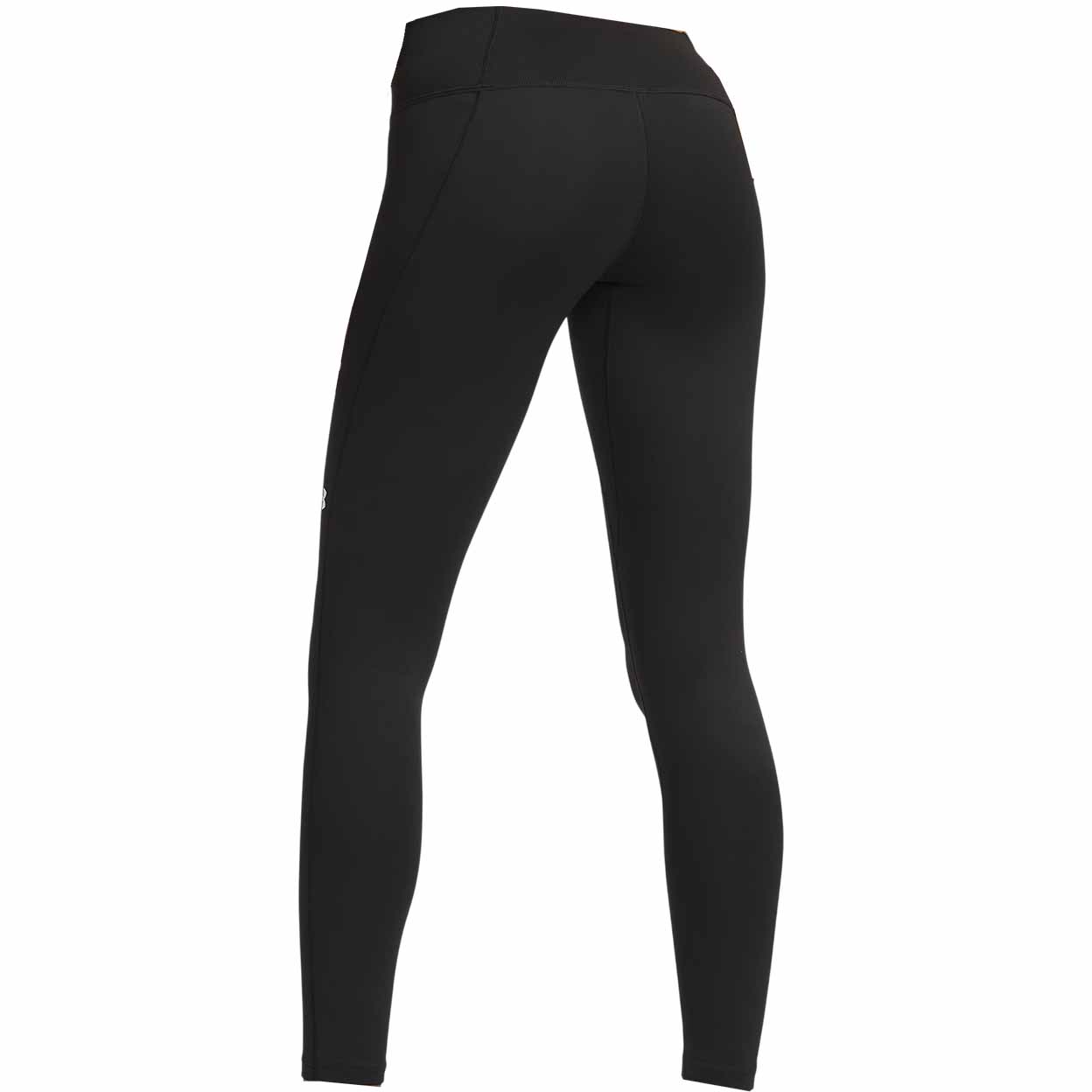 Back view of black Under Armour leggings with a white logo on the left hip.