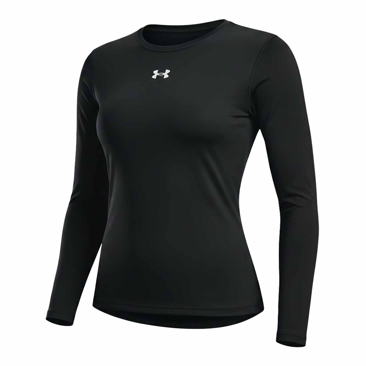 A black long-sleeve athletic top with a white Under Armour logo on the chest, displayed on a clean white background.