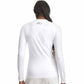 A woman viewed from the back wearing a fitted white long-sleeve athletic top with a small oval Under Armour logo centered on the upper back.