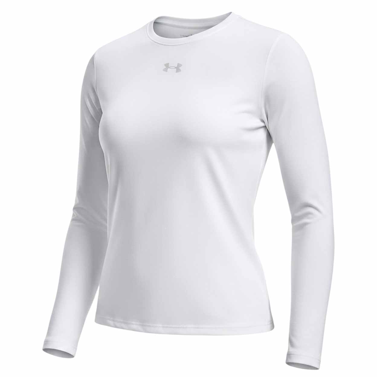 A white long-sleeve athletic crewneck shirt with a small gray Under Armour logo on the chest, displayed on a clean white background.