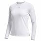A white long-sleeve athletic crewneck shirt with a small gray Under Armour logo on the chest, displayed on a clean white background.