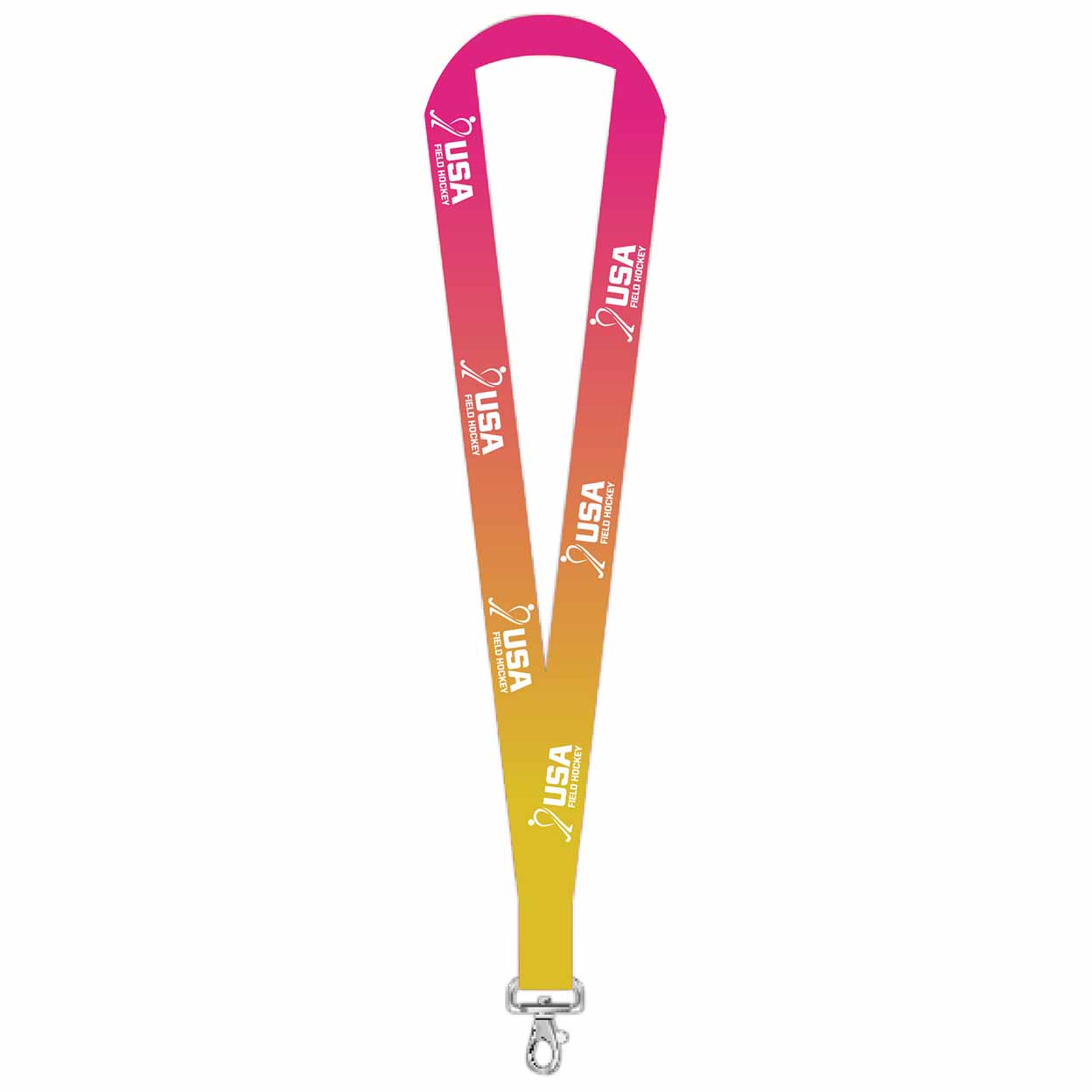 A vertical lanyard strap with a pink-to-yellow gradient, printed with white USA field hockey logos, and finished with a silver metal swivel clasp at the bottom, shown on a plain white background.