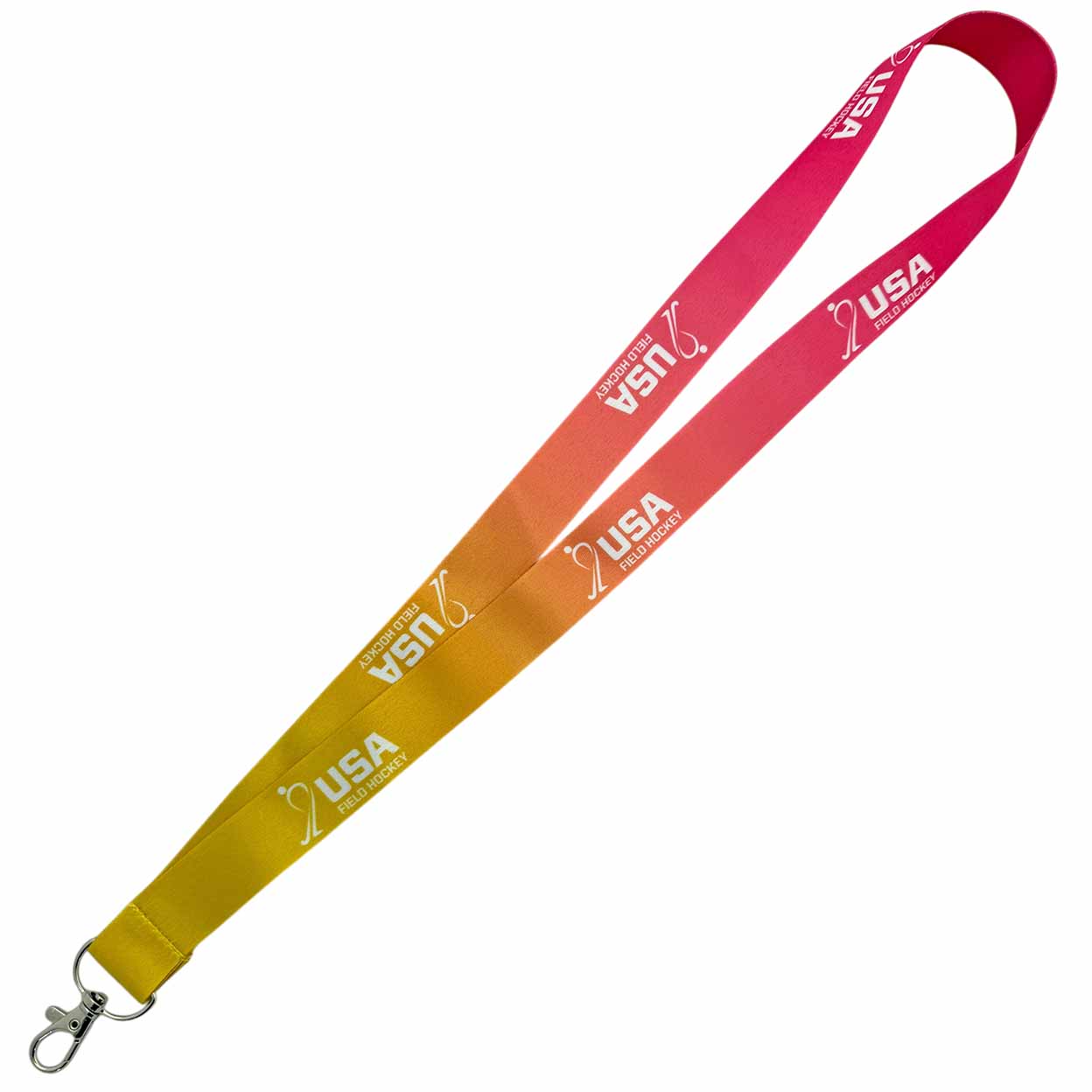A gradient lanyard strap transitioning from yellow to orange to pink, featuring white printed text that reads USA Field Hockey and a silver metal lobster clasp, shown on a plain white background.