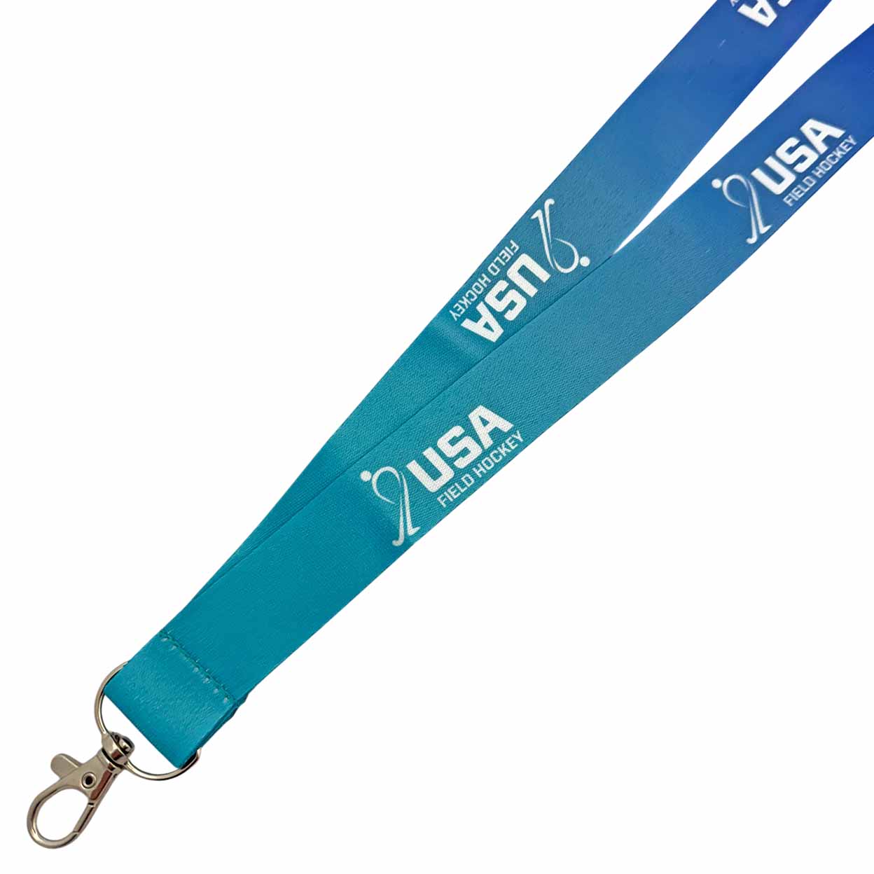 A blue and teal gradient lanyard with a silver metal swivel clasp, featuring the white printed text 'USA FIELD HOCKEY' and logo.