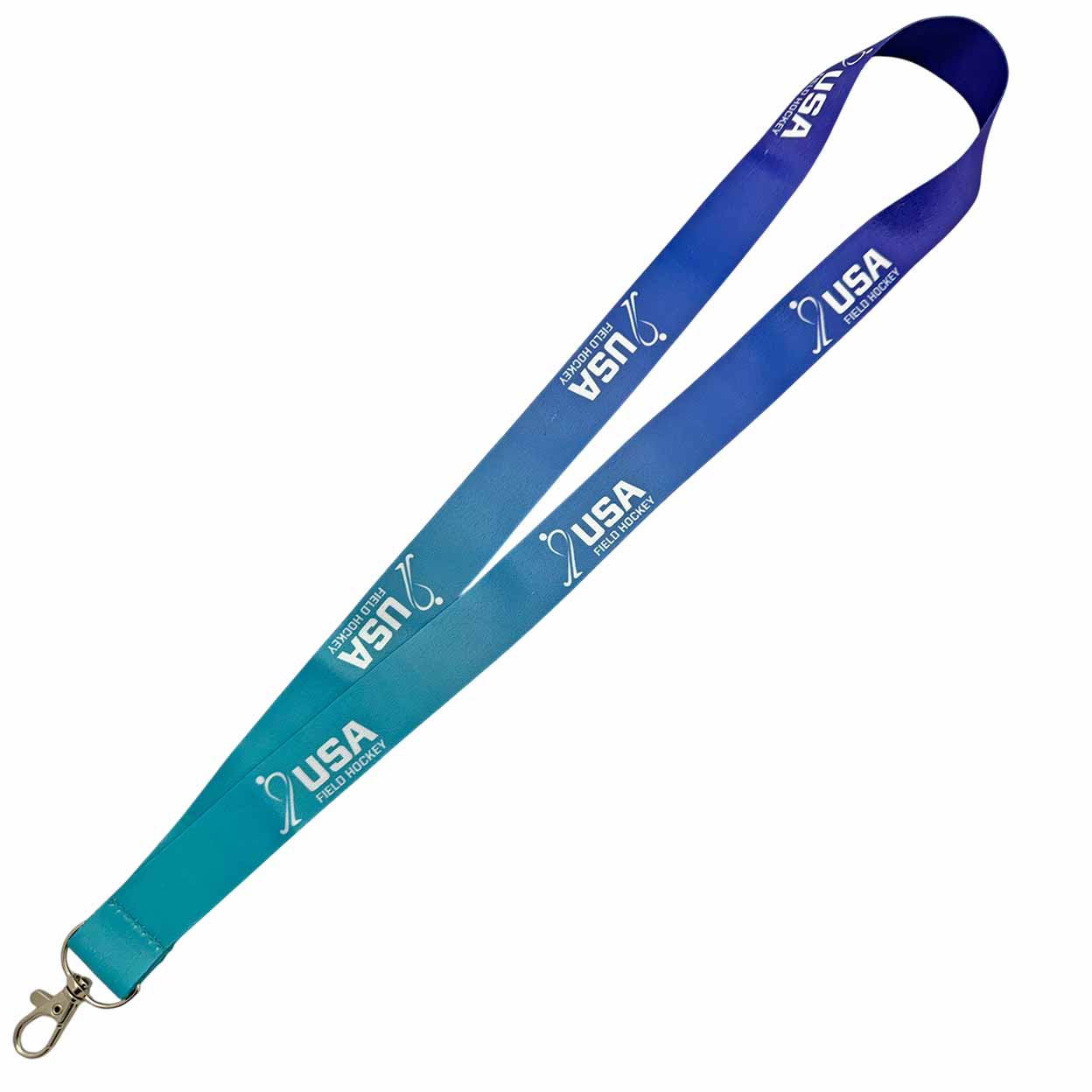 A blue and teal gradient lanyard with a silver metal swivel clasp, featuring the white printed text 'USA FIELD HOCKEY' and logo.