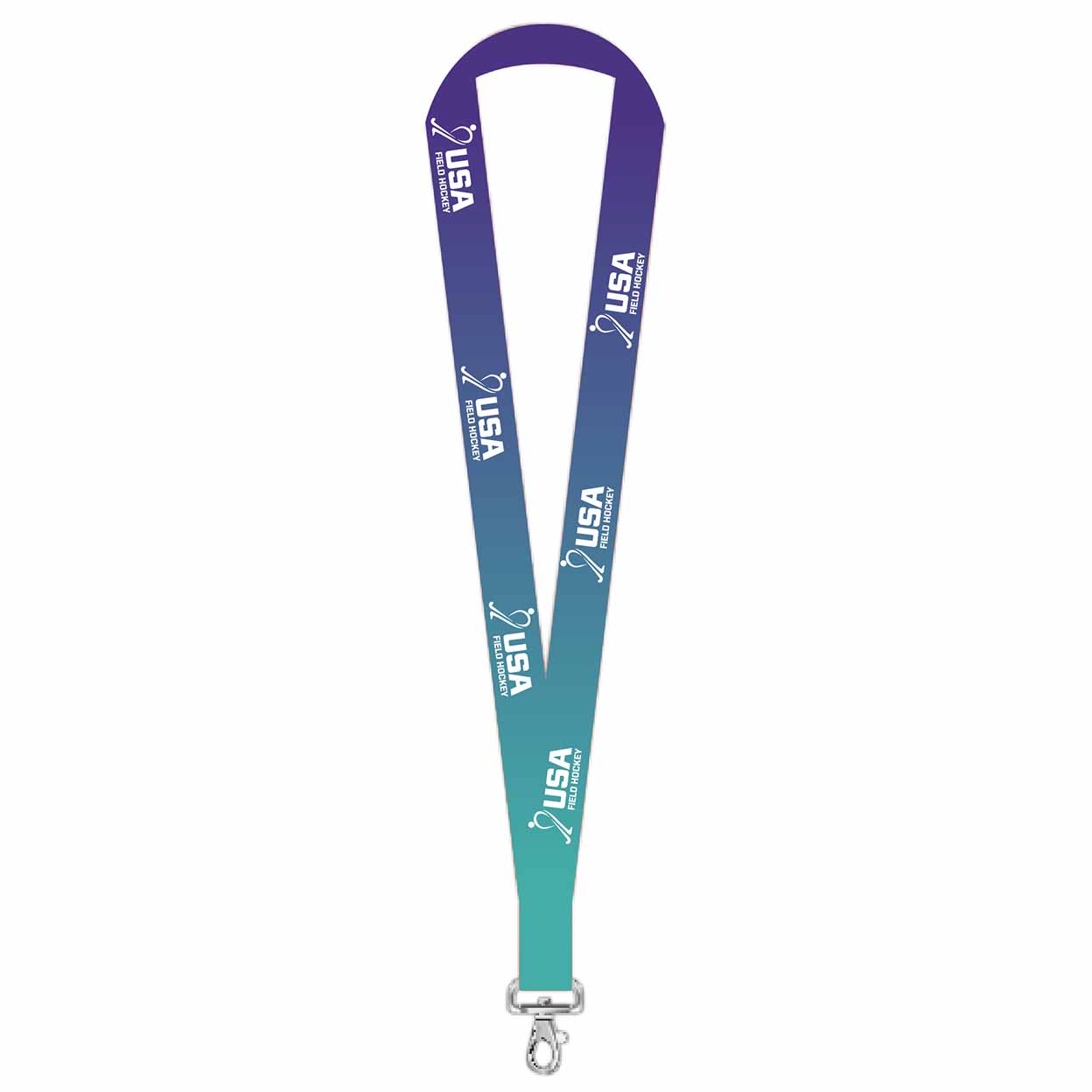 A vertical lanyard strap with a purple-to-teal gradient, printed with white USA field hockey logos, and finished with a silver metal swivel clasp at the bottom, shown on a plain white background.