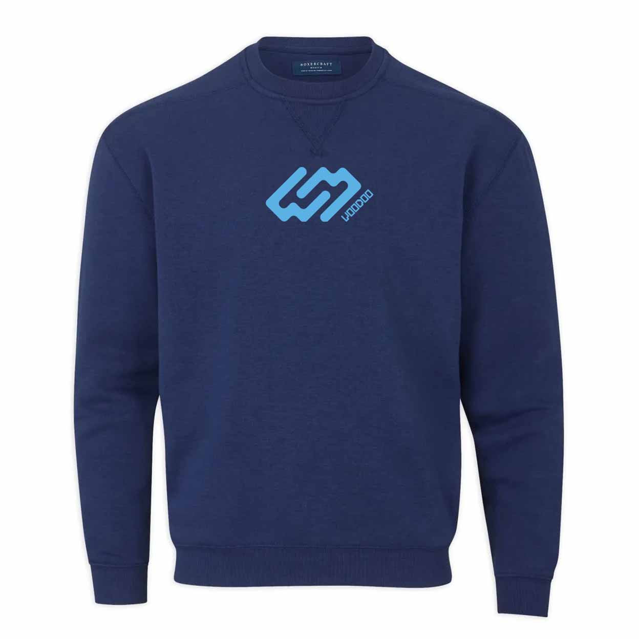 Blue sweatshirt with a light blue logo on a white background
