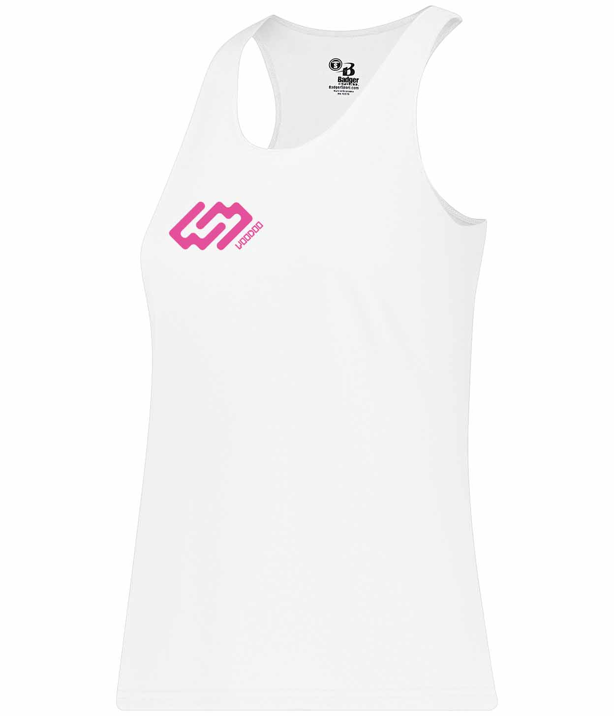 White tank top with a pink logo on a white background