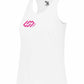 White tank top with a pink logo on a white background