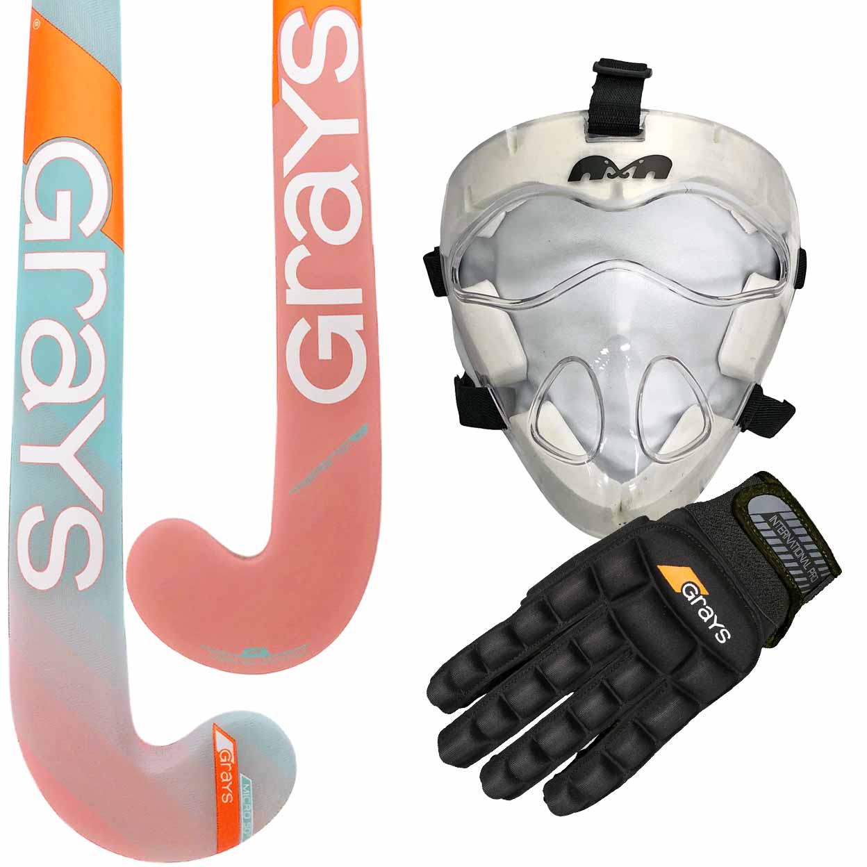 Grays hockey stick, TK mask, and Grays glove on a white background