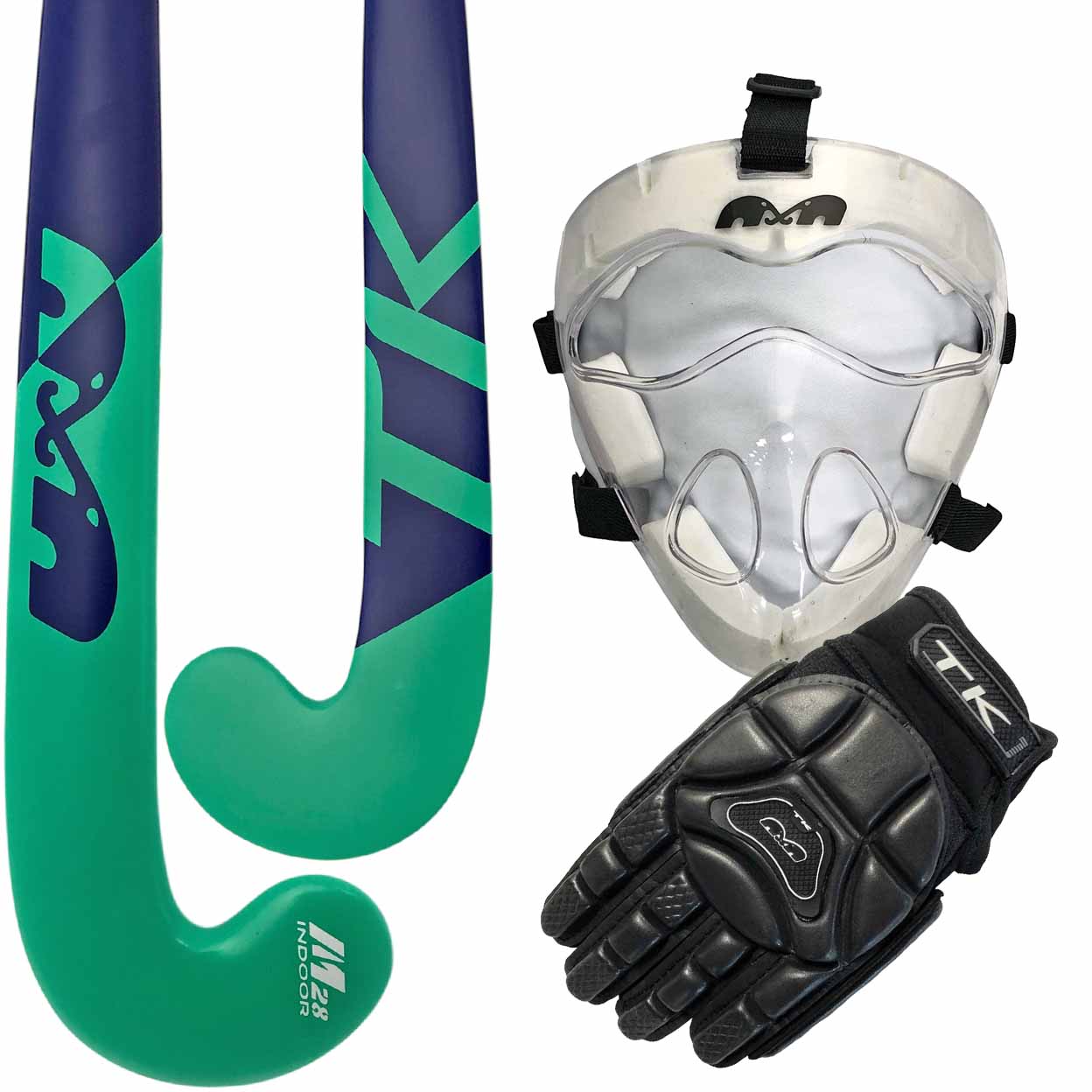 Hockey sticks, face guard, and gloves with TK branding on a white background