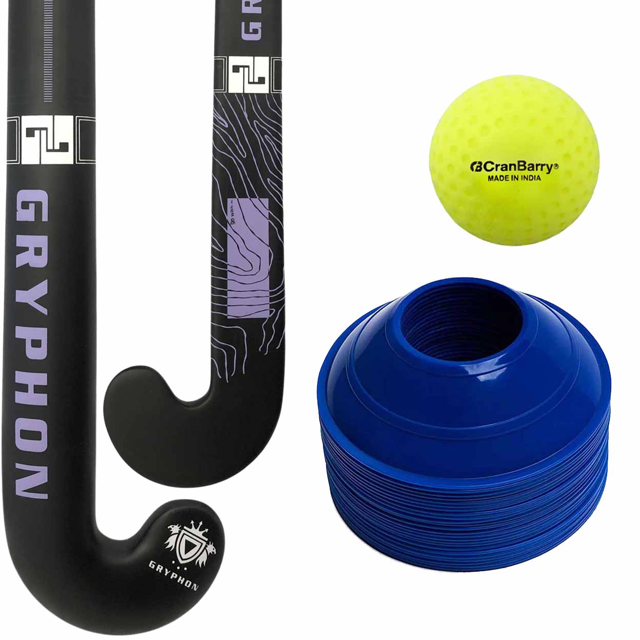 Hockey stick, ball, and cones with visible brand logos on a white background