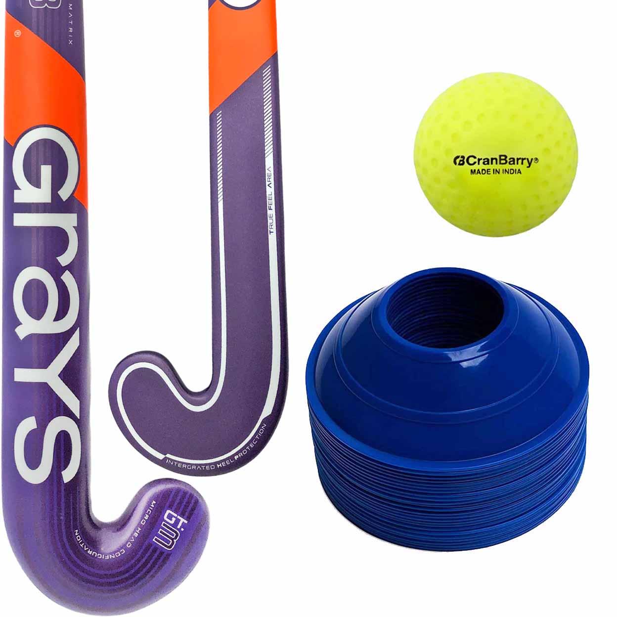 A field hockey training set featuring a purple and orange Cane Crisp Grays stick, a bright yellow CranBarry ball, and a stack of blue cones on a white background.