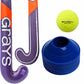 A field hockey training set featuring a purple and orange Cane Crisp Grays stick, a bright yellow CranBarry ball, and a stack of blue cones on a white background.
