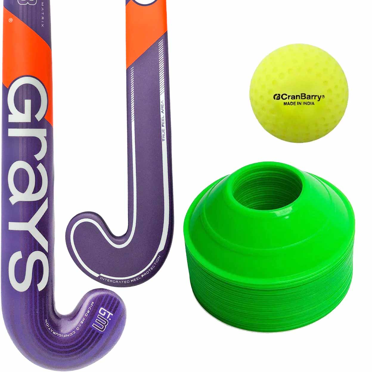 A set of field hockey training equipment on a white background, including a purple and orange field hockey stick, a bright green cone stack, and a yellow CranBarry ball.