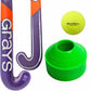 A set of field hockey training equipment on a white background, including a purple and orange field hockey stick, a bright green cone stack, and a yellow CranBarry ball.