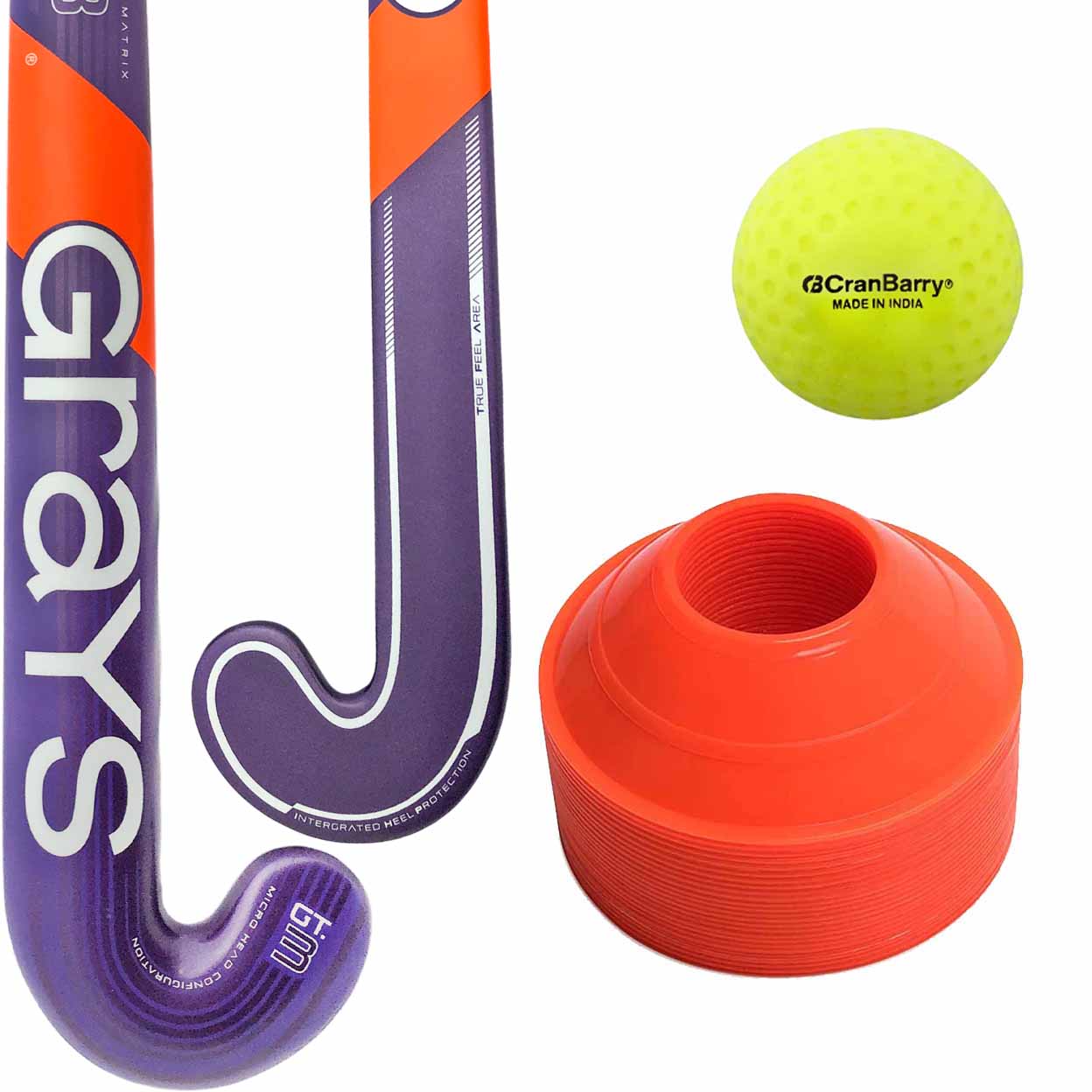 A field hockey training set featuring a purple and orange Grays stick, a bright orange cone, and a yellow CranBarry ball on a white background.
