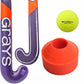 A field hockey training set featuring a purple and orange Grays stick, a bright orange cone, and a yellow CranBarry ball on a white background.