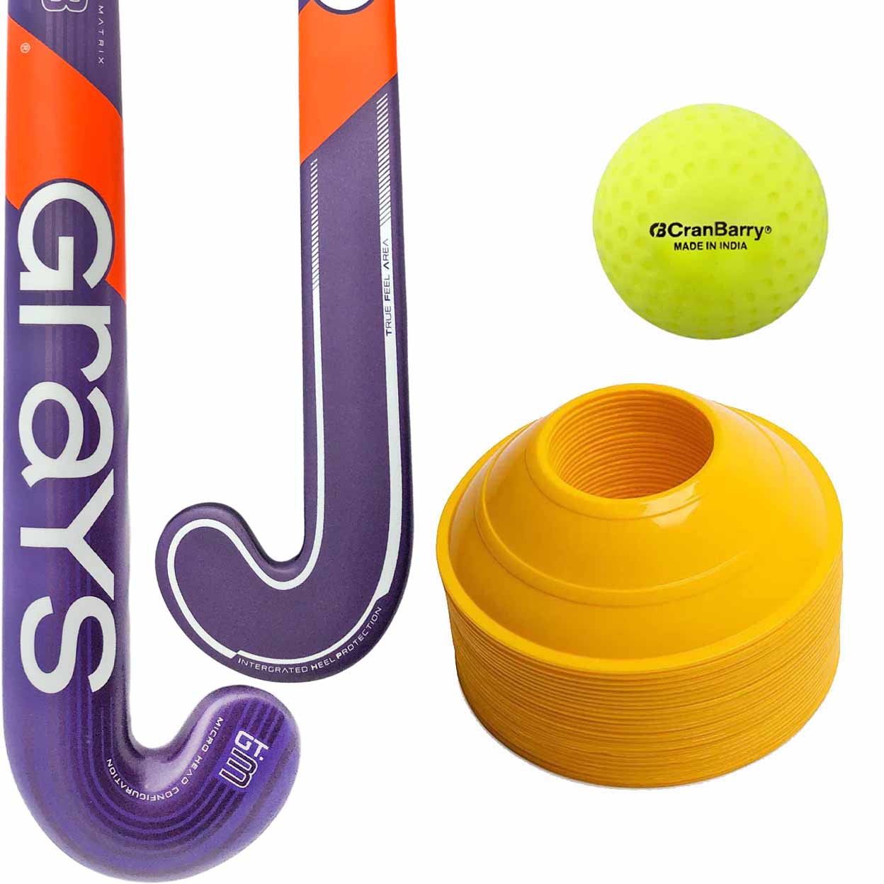 A field hockey training set featuring a purple and orange Cane Grays stick, a bright yellow CranBarry ball, and a stack of yellow cones on a white background.