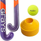 A field hockey training set featuring a purple and orange Cane Grays stick, a bright yellow CranBarry ball, and a stack of yellow cones on a white background.