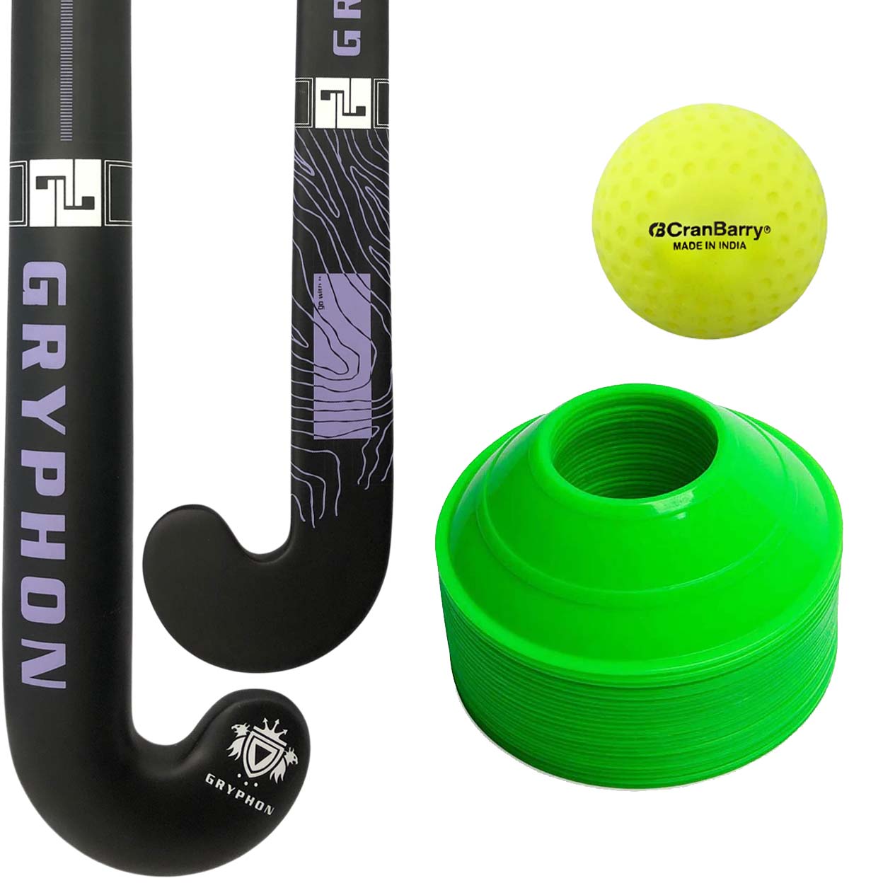 Hockey stick, ball, and cones with visible brand logos on a white background