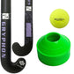 Hockey stick, ball, and cones with visible brand logos on a white background