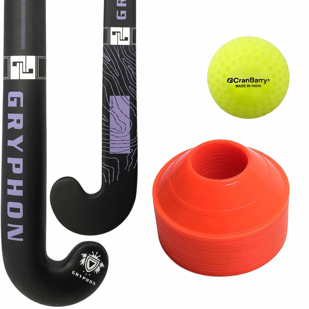 Hockey stick, ball, and cones with visible brand logos on a white background