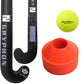 Hockey stick, ball, and cones with visible brand logos on a white background