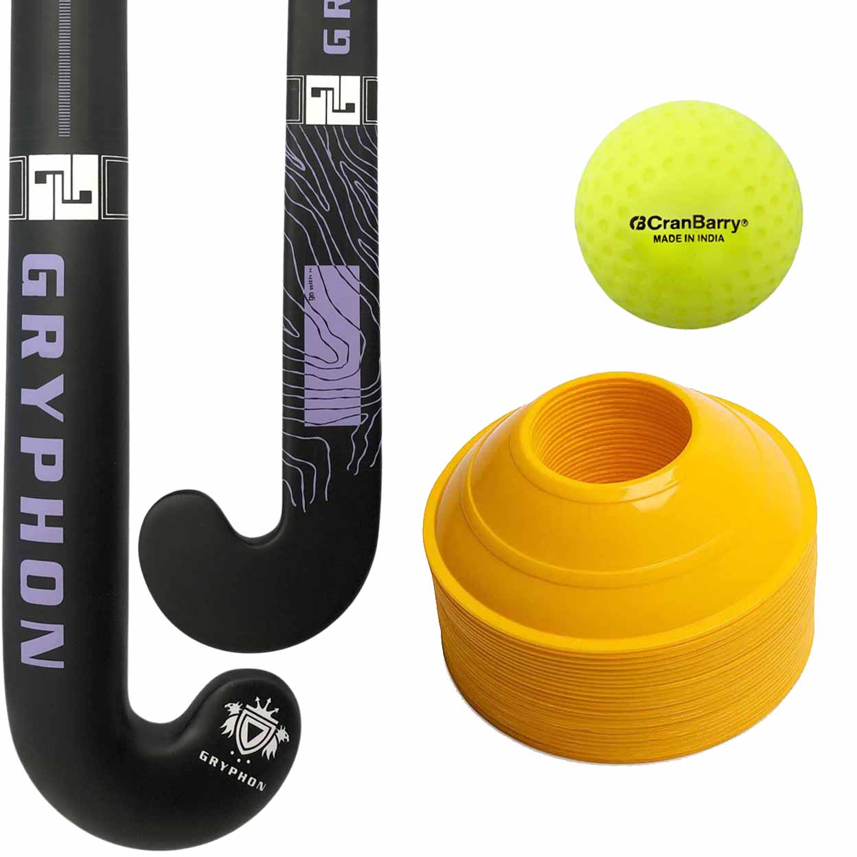 Hockey stick, ball, and cones with visible brand logos on a white background