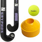 Hockey stick, ball, and cones with visible brand logos on a white background