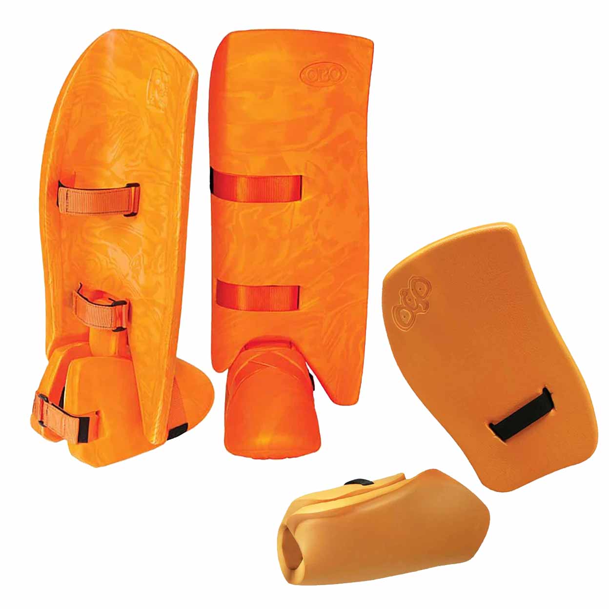 Set of orange protective gear with straps on a white background