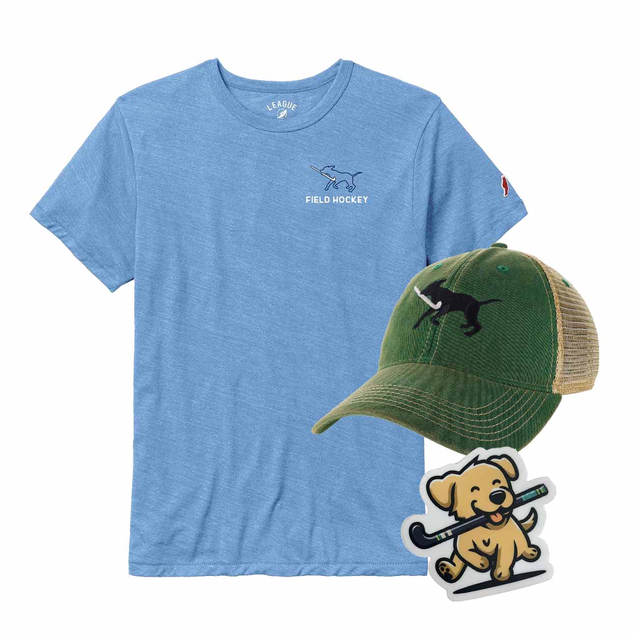 Blue t-shirt with field hockey design, green cap with dog and stick design, and sticker with dog and stick design on a white background.