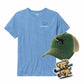 Blue t-shirt with field hockey design, green cap with dog and stick design, and sticker with dog and stick design on a white background.
