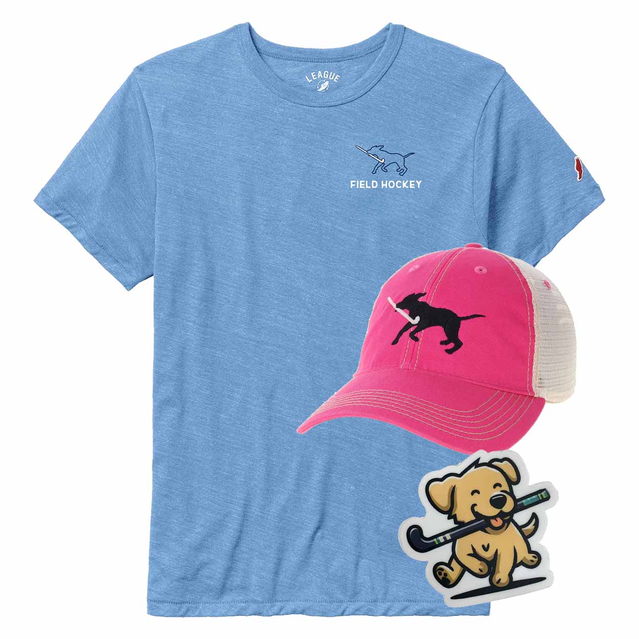 Blue t-shirt with field hockey design, pink cap with dog and stick design, and sticker with dog and stick design on a white background.