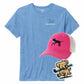 Blue t-shirt with field hockey design, pink cap with dog and stick design, and sticker with dog and stick design on a white background.