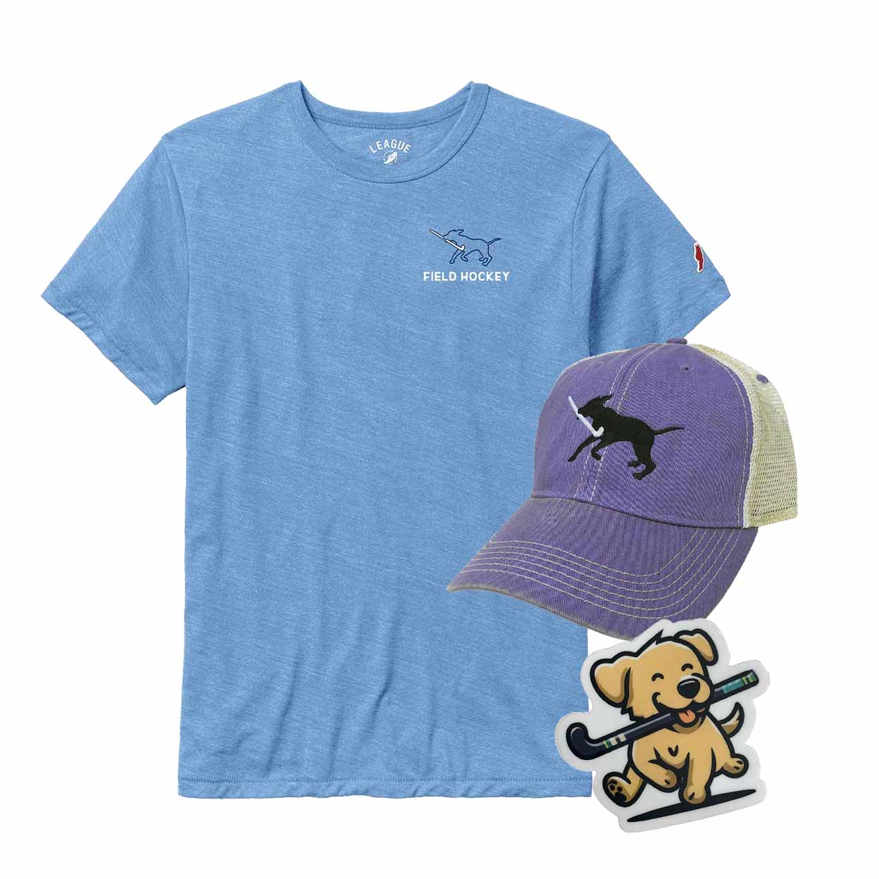Blue t-shirt with field hockey design, purple cap with dog and stick graphic, and dog sticker on a white background