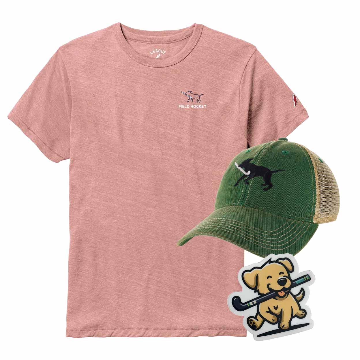 Pink t-shirt, green cap, and dog-themed sticker on a white background