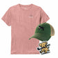 Pink t-shirt, green cap, and dog-themed sticker on a white background