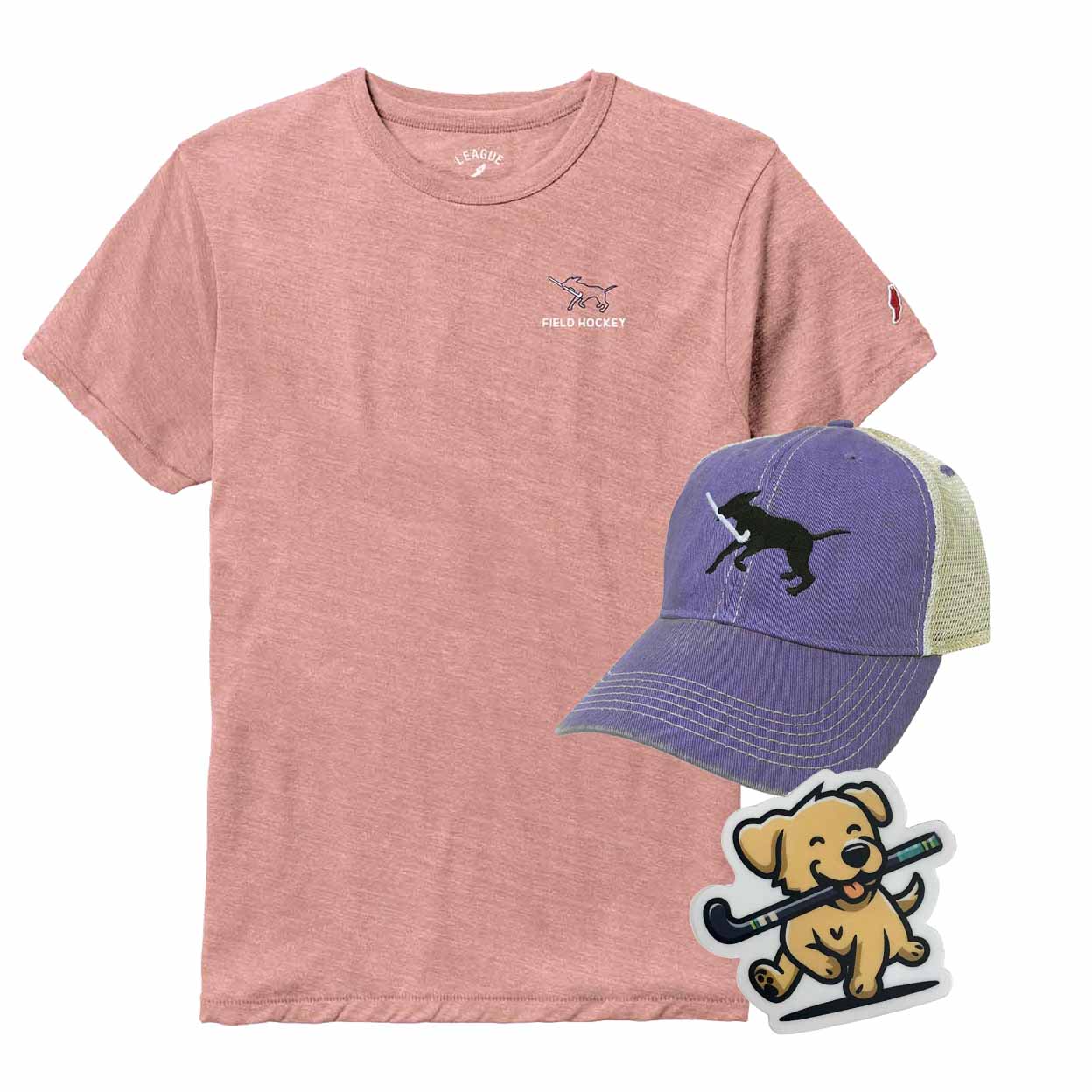 Pink t-shirt, purple cap with dog design, and sticker with dog holding a hockey stick on a white background