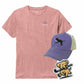 Pink t-shirt, purple cap with dog design, and sticker with dog holding a hockey stick on a white background