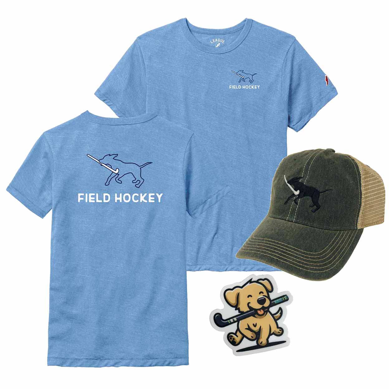 Two blue t-shirts with field hockey graphics, a green cap with a dog design, and a sticker with a dog holding a hockey stick on a white background.