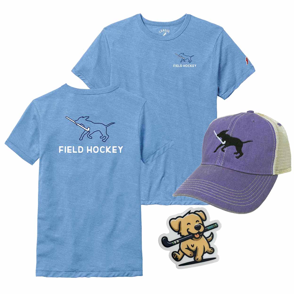 Two blue t-shirts and a purple cap with field hockey-themed designs on a white background.