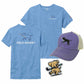 Two blue t-shirts and a purple cap with field hockey-themed designs on a white background.