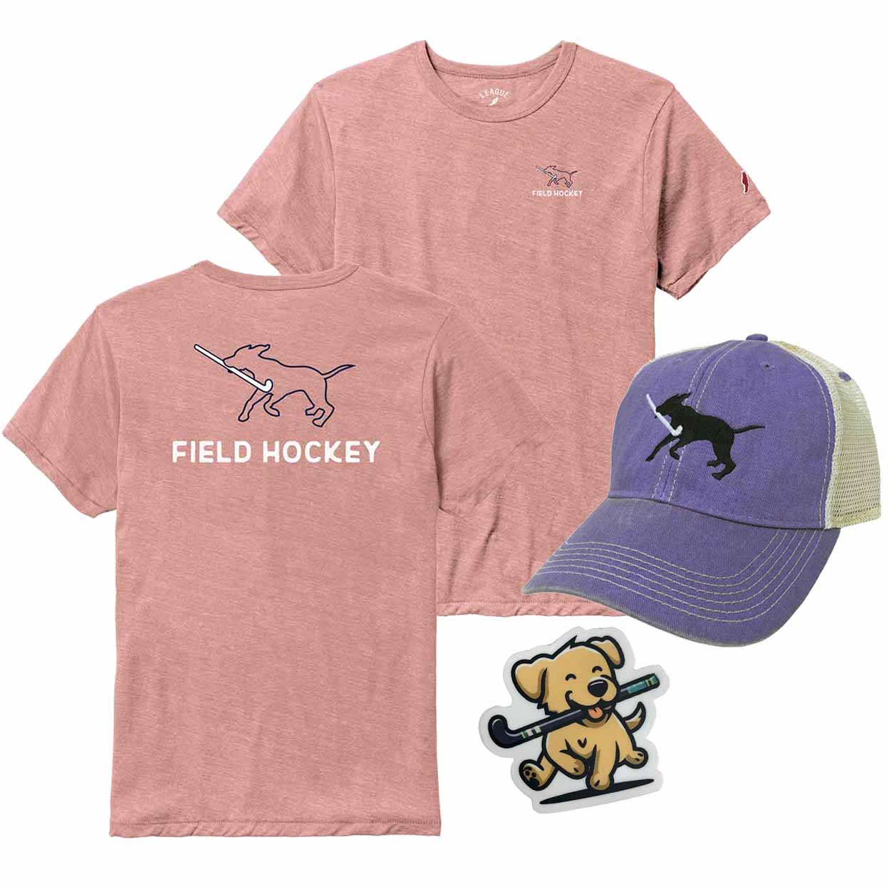 Pink t-shirt with field hockey design, purple cap with dog and stick graphic, and bear with hockey stick sticker on a white background.