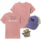 Pink t-shirt with field hockey design, purple cap with dog and stick graphic, and bear with hockey stick sticker on a white background.
