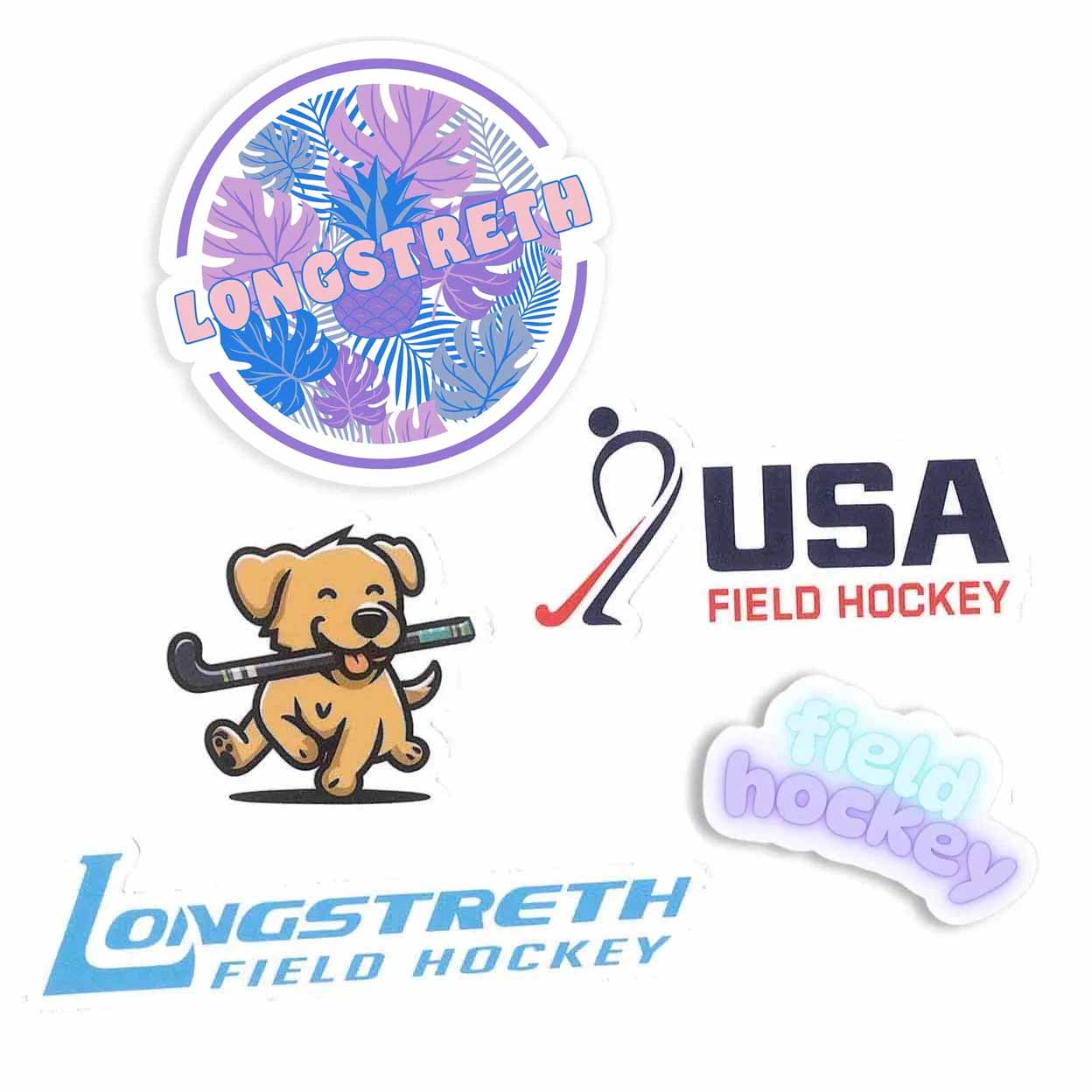 A set of five die-cut stickers featuring Longstretth Field Hockey branding, including a circular tropical leaf design, a cartoon puppy holding a hockey stick, a stylized USA Field Hockey logo, and a wavy 'field hockey' sticker, all on a plain white background.